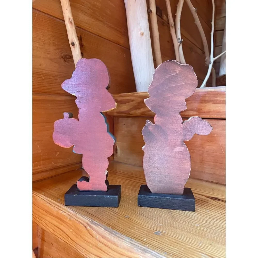 Thanksgiving Pilgrims Decor Wooden Vintage Hand Painted
